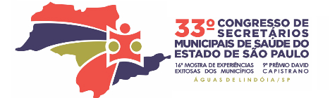 Logo do 33º Congresso de Secretários Municipais de Saúde do Estado de São Paulo, composto pelo mapa do Estado de São Paulo dividido nas cores roxo, laranja e mostarda e  logo do cosems ao lado direito. Mais à direita há o nome do congresso com o 33º em laranja e o restante do texto em roxo. Mais abaixo há o texto 16º Mostra de Experiência Exitosas dos Municípios e 9º Prêmio David Capistrano, ambos em roxo também. Mais abaixo há o texto Águas de Lindóia/SP, em mostarda.