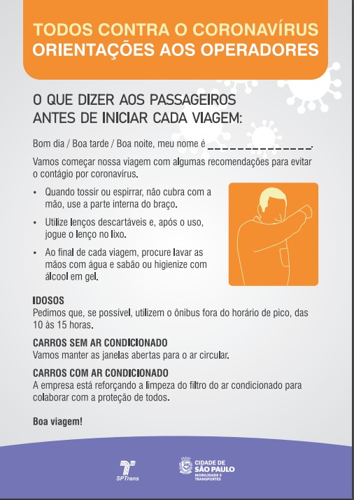 Motoristas de ônibus municipais passam a orientar passageiros sobre prevenção ao Coronavírus | Secretaria Municipal de Mobilidade e Trânsito | Prefeitura da Cidade de São Paulo Motoristas de ônibus municipais passam a orientar passageiros sobre prevenção ao Coronavírus | Secretaria Municipal de Mobilidade e Trânsito | Prefeitura da Cidade de São Paulo