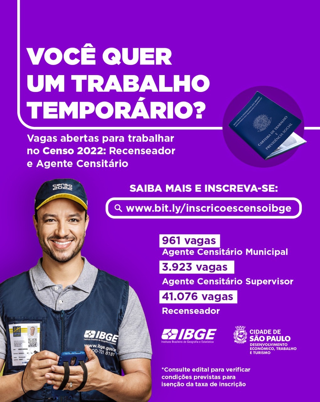 Censo Demográfico 2022 tem mais de 45 mil vagas no Estado de São Paulo Secretaria Municipal de