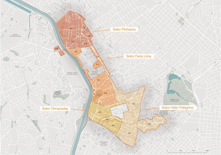 mapa da região da operação urbana consorciada Faria Lima com os setores e subsertores 