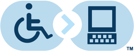 Logo do aplicativo eSSENTIAL Accessibility  representado por um símbolo de acessibilidade do lado esquerdo e do direito o ícone de um computador. 