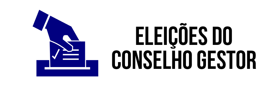 Imagem com fundo branco. À esquerda, há um ícone na cor azul de uma mão depositando uma cédula de voto em uma urna. À direita, a frase "Eleições do Conselho Gestor" está escrita em letras na cor preta.