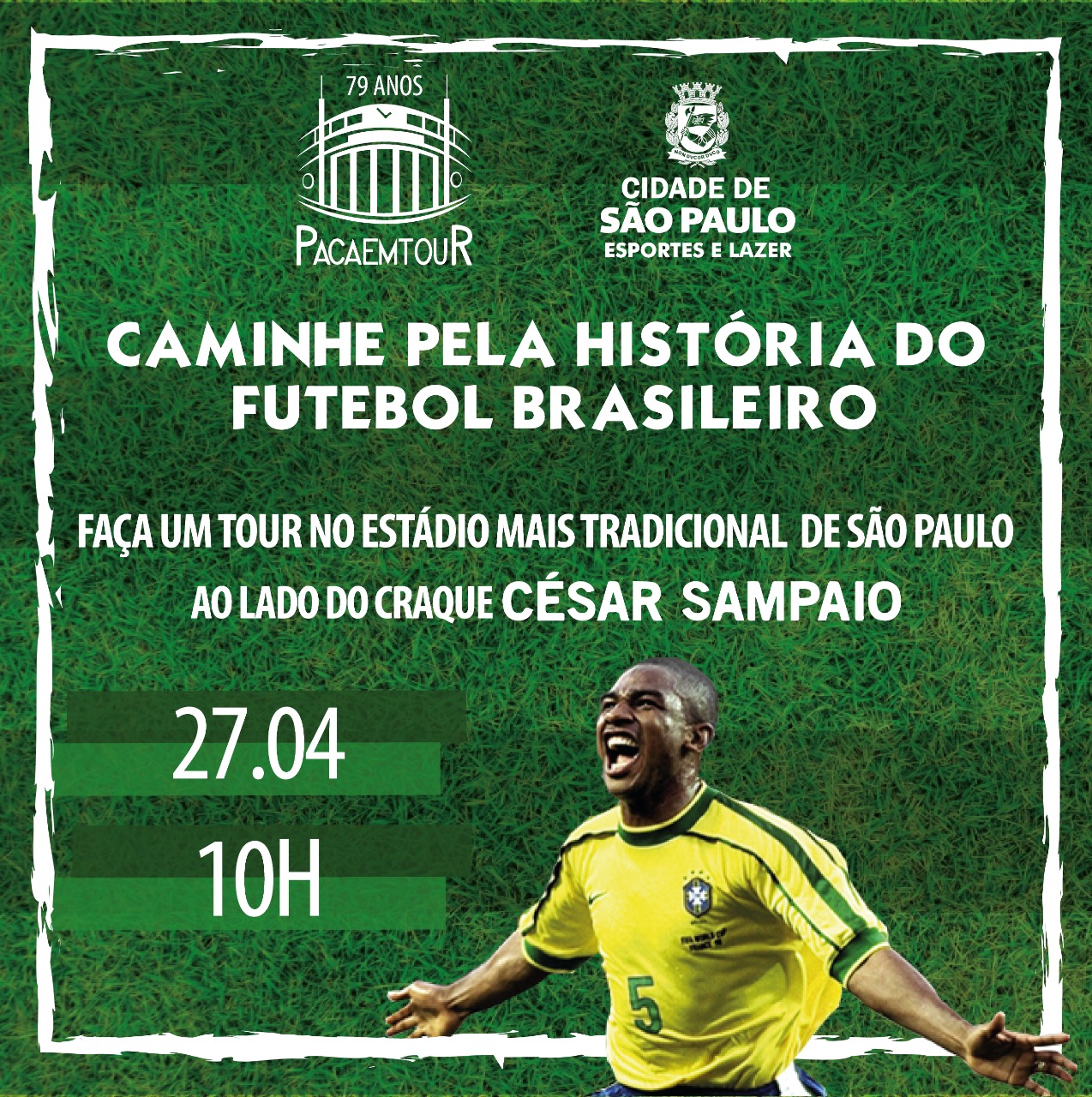 Arte com fundo que lembra um gramado de campo de futebol, com informações presentes no texto e uma foto do jogador César Sampaio comemorando gol