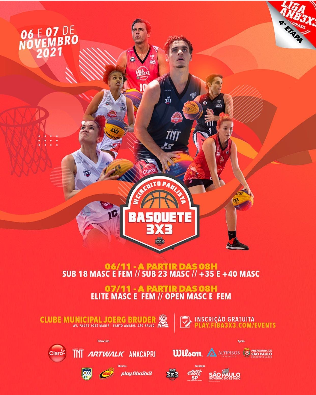 Na imagem, arte com o fundo vermelho, Contém as informações dos jogos como datas, horários, e categorias dos times de basquete que irão jogar.