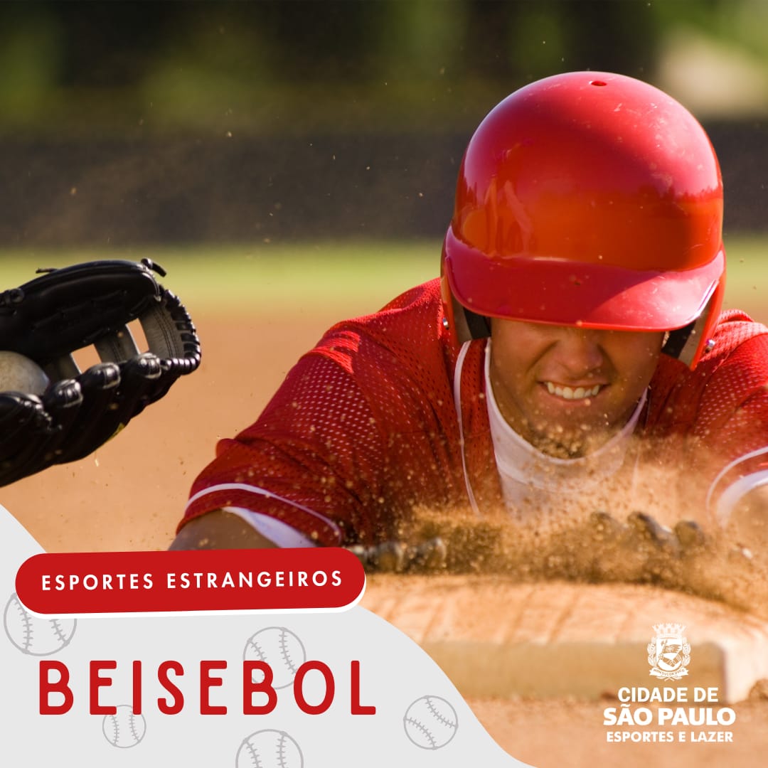 Na imagem aparece um atleta praticando beisebol. No canto inferior está escrito "Beisebol - esportes estrangeiros"