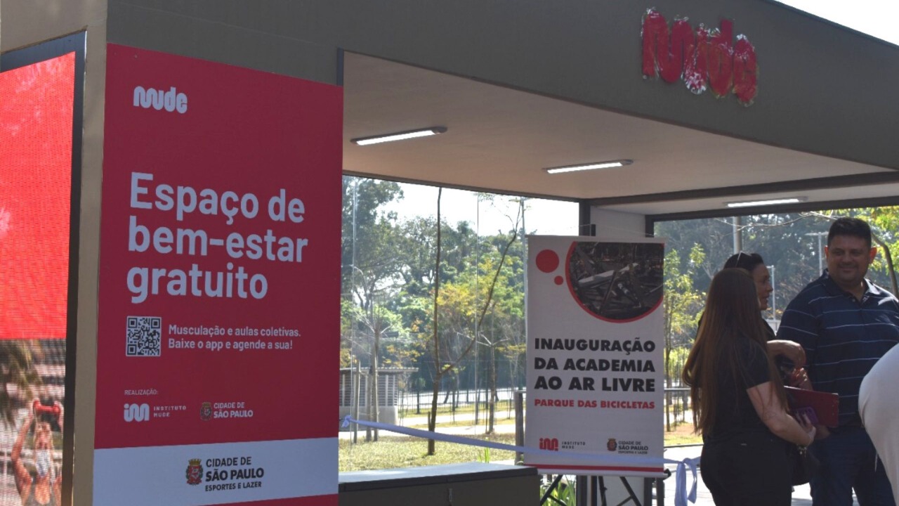 Na imagem, fachada da academia ao ar livre no Parque das Bicicletas 