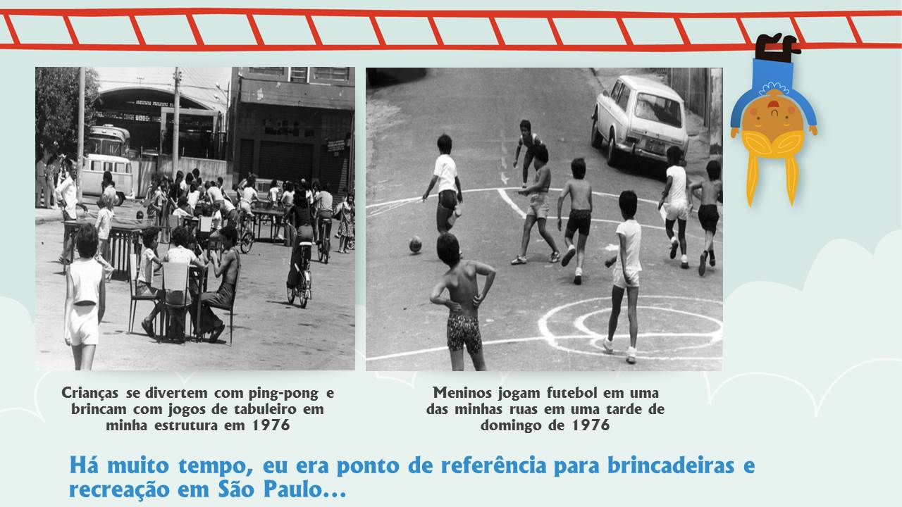 Arte que traz duas fotos antigas das Ruas de Lazer. A primeira mostra uma rua com várias mesas, todas ocupadas por pelo menos quatro pessoas. É possível ver também crianças andando de bicicleta. Embaixo dela, a legenda 