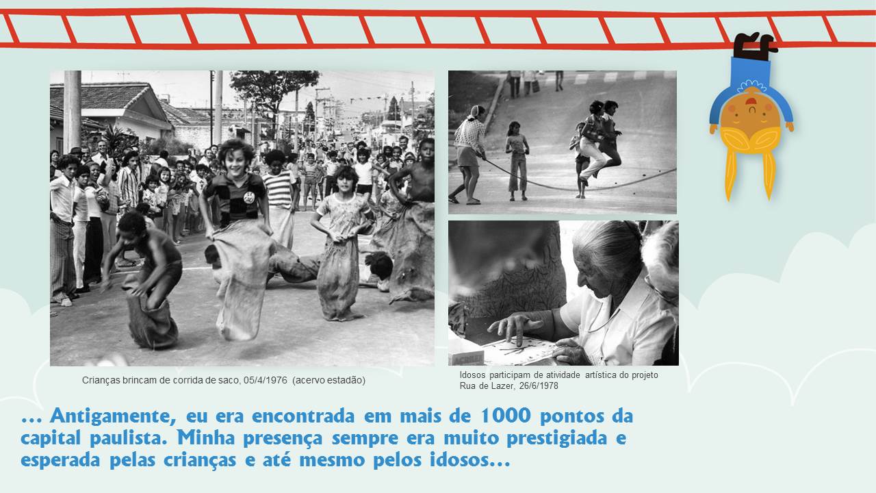 Arte que traz três fotos antigas das Ruas de Lazer. A primeira mostra uma corrida de sacos com diversos participantes e expectadores. Abaixo dela, a legenda 