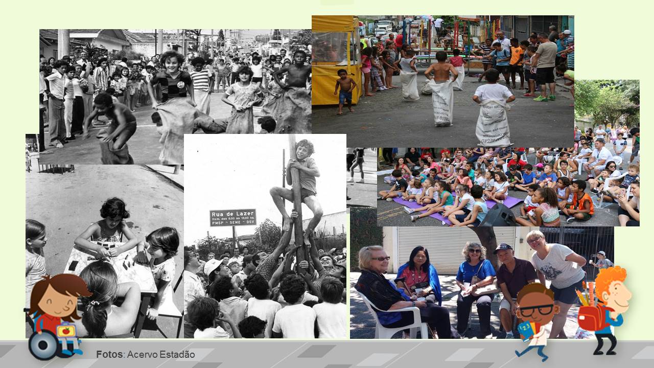 Arte que traz diversas fotos intercaladas das Ruas de Lazer, antigas e atuais. Entre as antigas, todas em preto e branco, é possível ver crianças em corridas de sacos, sentadas à mesa pintando, subindo em poste com o auxílio de adultos. Já as atuais mostra outra corrida de sacos, várias pessoas, entre jovens e adultos, sentadas no chão da rua prestando atenção na fala de alguém e, por último, um grupo de cinco senhoras sentadas em cadeiras plásticas no meio da rua posando para foto. No rodapé, consta o crédito das fotos para o Acervo Estadão. Complementam a imagem ilustrações de três crianças: uma em cadeira de rodas, outra segurando livros e um carregando mochila com material escolar.