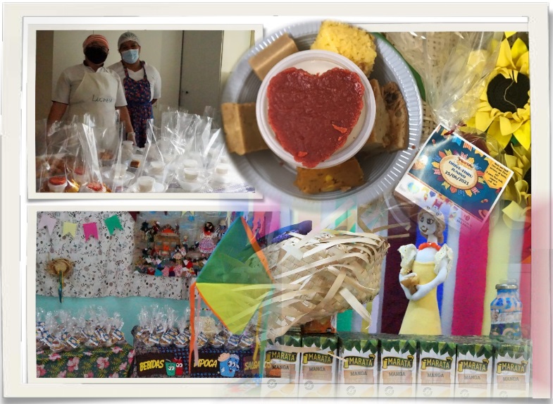 : Diversas fotos mostrando o kit de comidas típicas juninas com funcionários e decorações temáticas da data.