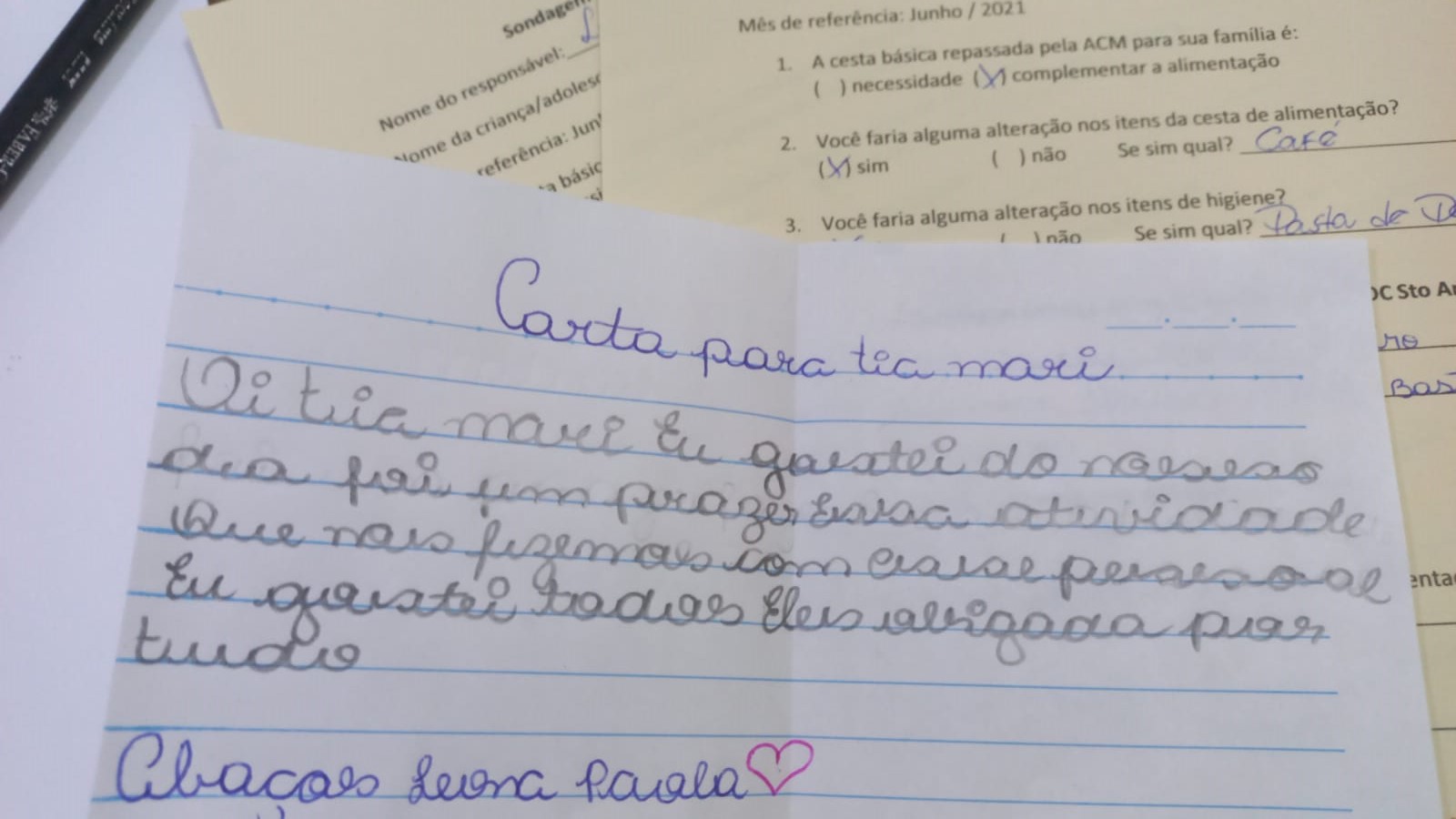 Carta de agradecimento das crianças destinadas aos prestadores de serviço.