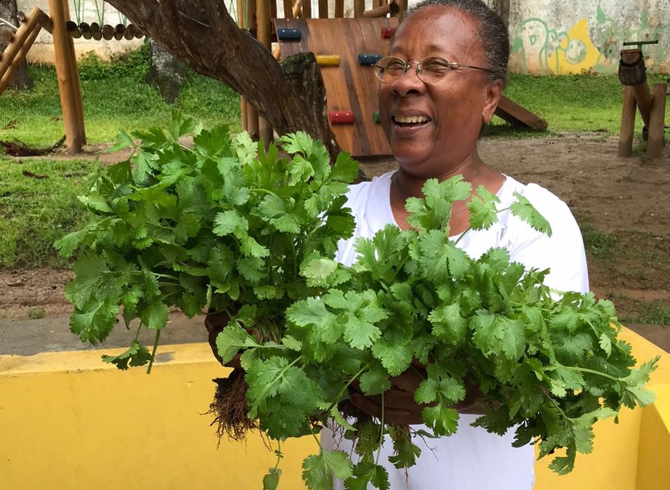 Mulher convivente do serviço, usando óculos, segura em suas mãos dois maços de salsas que foram coletadas da horta agroecológica do serviço. 