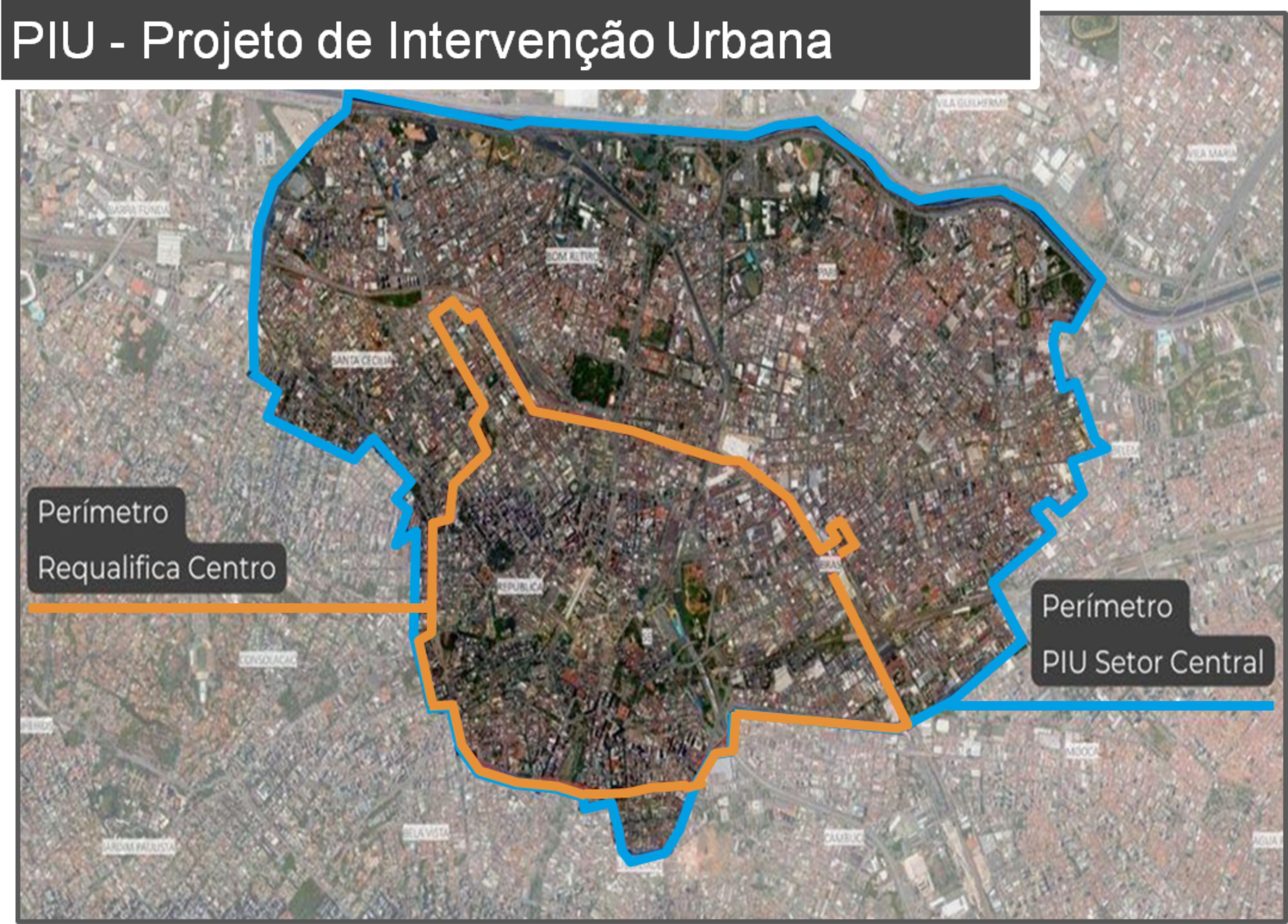 imagem do mapa central da cidade de São Paulo delimitando o Perímetro Requalifica Centro e Perímetro Setor Central