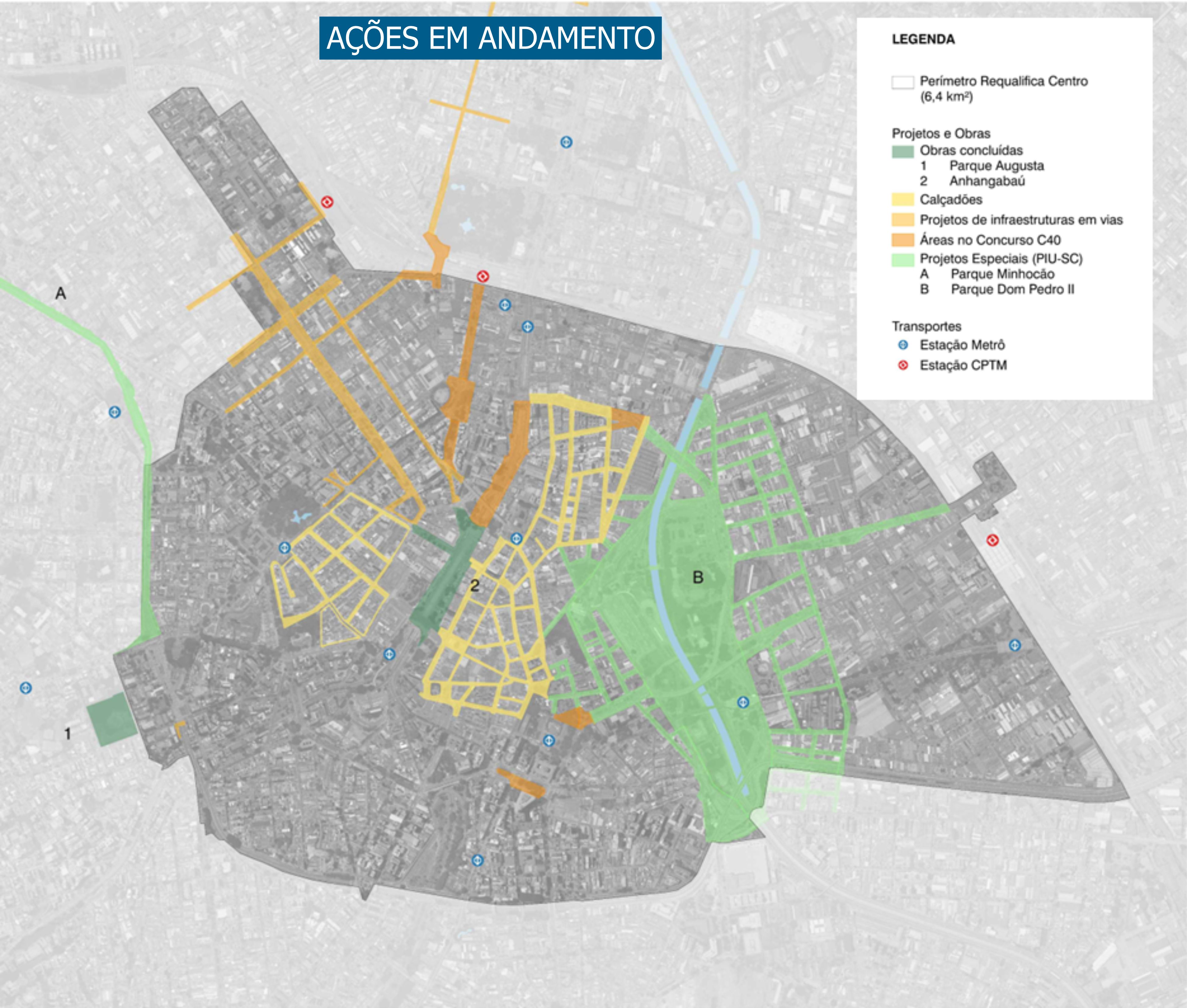 vista aérea de mapa da cidade de são paulo representando as ações em andamento do projeto "Todos pelo centro"