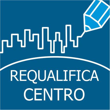 Icone ilustrativo com o desenho de um lápis desenhando diversos prédios ao centro e abaixo o texto "Requalifica centro"