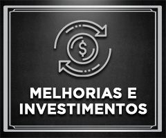 desenho de uma moeda com  o cifrão ao centro e nas bordas setas no sentido horário, abaixo os dizeres 'melhorias e investimentos' sobre fundo preto e entre bordas brancas