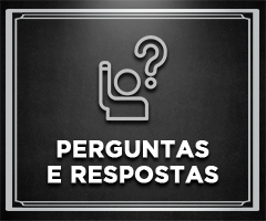 desenho minimalista de uma pessoa com a mão esquerda para cima e ao lado uma interrogação, abaixo os dizeres 'Perguntas e Respostas' sobre fundo preto e entre bordas brancas