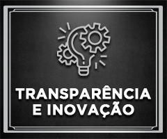 desenho minimalista de uma lampada sobreposta de engranagens, abaixo os dizeres 'Transparência e Inovação' sobre fundo preto e entre bordas brancas
