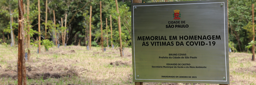 Uma placa de prata da inauguração do memorial; ao fundo várias mudas de árvores