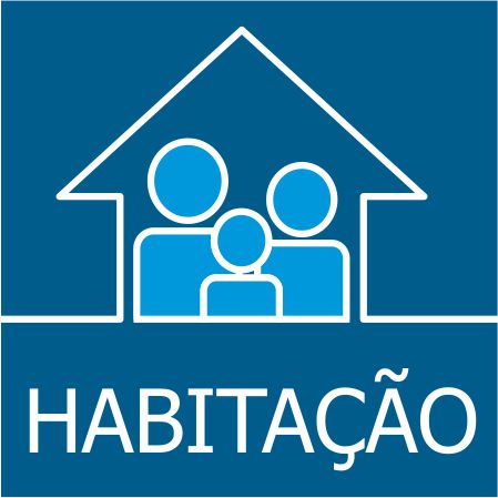 Icone ilustrativo com o desenho de uma casa com 3 pessoas no seu interior ao centro e abaixo o texto "Habitação"