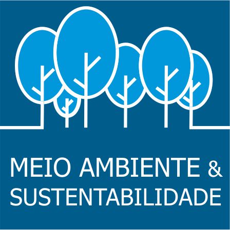 Icone ilustrativo com o desenho de árvores ao centro e abaixo o texto "meio ambiente & sustentabilidade"