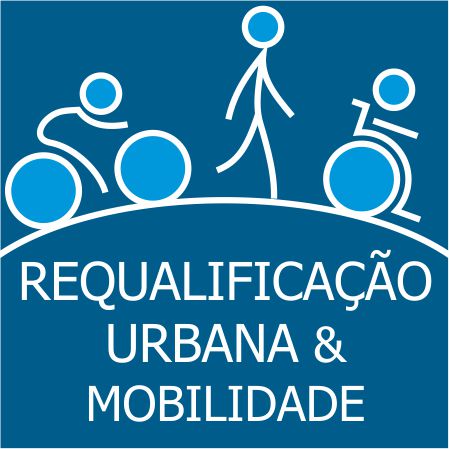 Icone ilustrativo com o desenho de uma pessoa de bicicleta, uma caminhando e outra em cadeira de rodas ao centro e abaixo o texto "requalificação urbana & mobilidade"