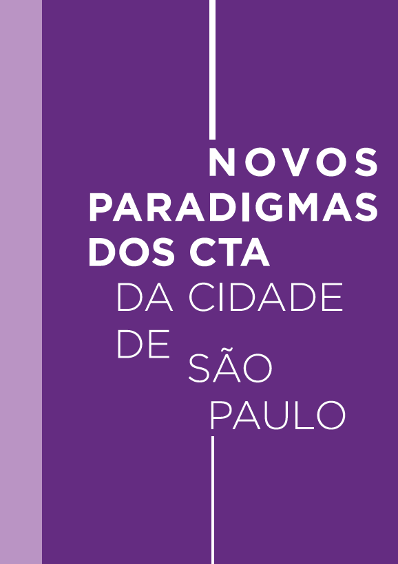 Capa do livreto "Novos Paradigmas dos CTA da Cidade de São Paulo", com fundo roxo e tarja lilás na lateral esquerda. O nome da obra vem ao centro, escrito em branco.