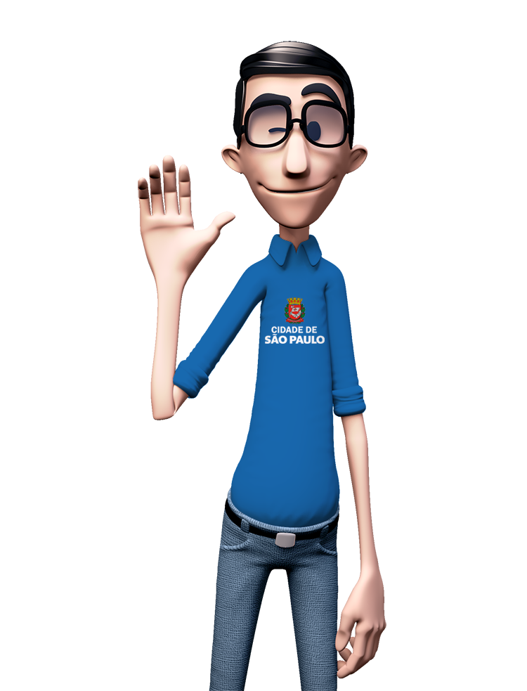 avatar Hugo da Hand Talk com a camiseta azul com o logotipo Cidade de São Paulo Pessoa com Deficiência.