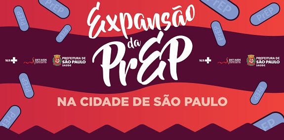 Banner ilustrativo da PrEP. Ao fundo, faixas a horizontal em vermelho e vinho. Cápsulas de remédios representando a PrEP preenchem o espaço. Ao centro, está escrito: Expansão da PrEP na cidade de São Paulo.