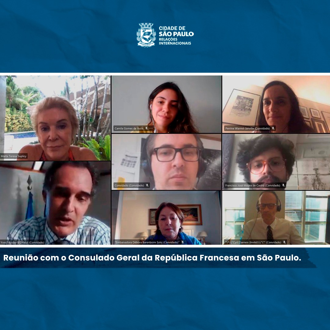 Print da tela da reunião com a Secretária Marta, a Secretária-Adjunta, Débora Vainer Barenboim-Salej,  o Cônsul-Geral da França em São Paulo, Yves Teyssier d’Orfeuil, o Coordenador de Relações Internacionais, Francisco Castro, e a Coordenadora de Assuntos Internacionais Bilaterais, Camila Gomes.