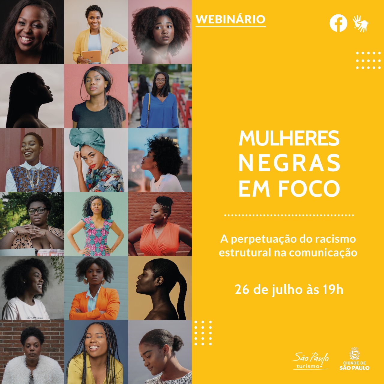 Arte de divulgação do webinário "Mulheres  Negras em Foco: a perpetuação do racismo estrutural na comunicação"