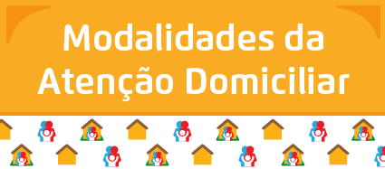 O botão tem o fundo amarelo com a escrita Modalidades da Atenção Domiciliar na cor branca. Na parte de debaixo, várias casas e famílias.