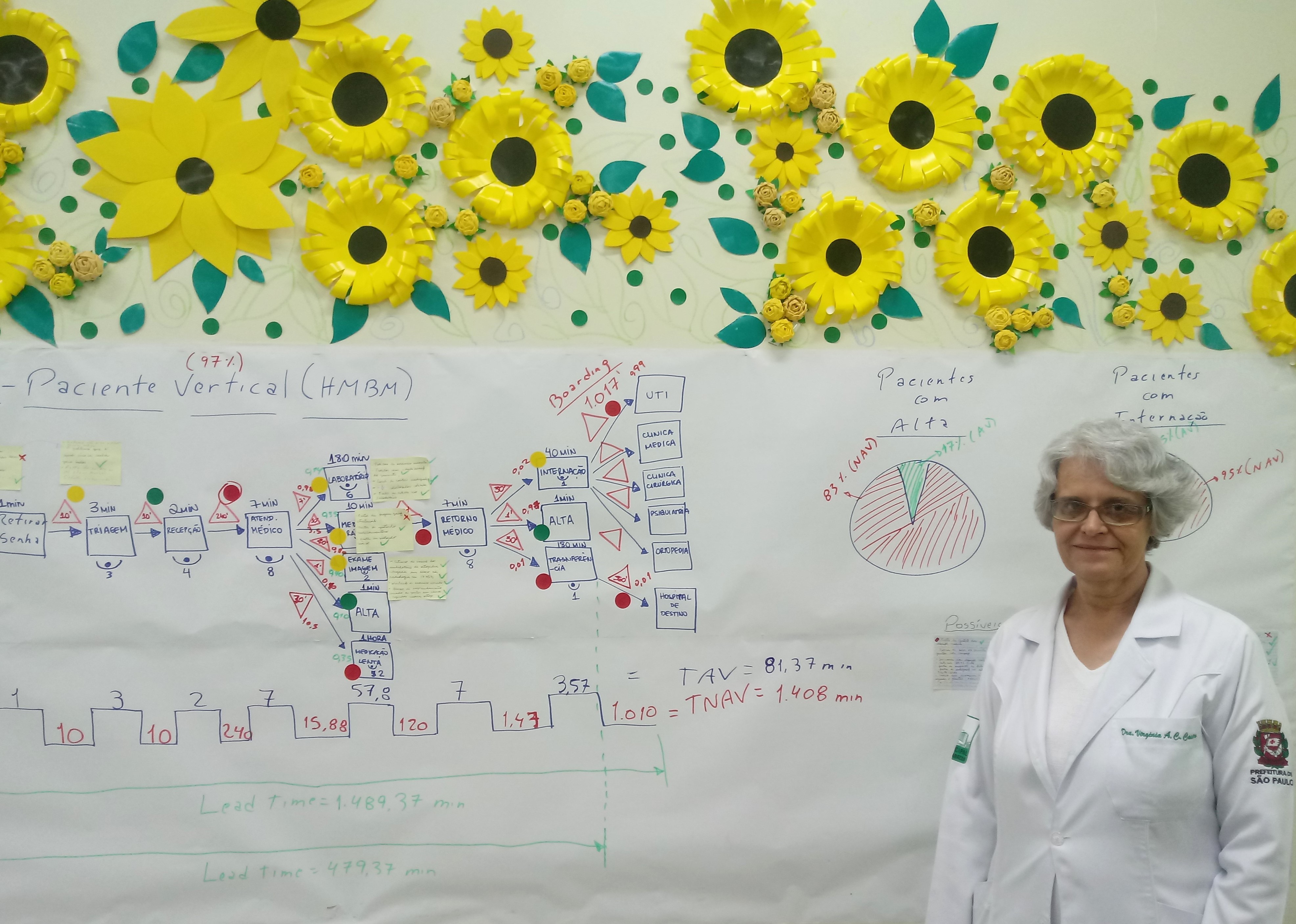 A foto mostra a médica Virgínia Affonso em frente a um painel. Ela é uma mulher de meia idade, de pele branca e cabelos curtos e grisalhos, que usa óculos. O painel, encimado por flores amarelas recortadas em plástico, mostra um fluxograma desenhado a mão, com várias caixas, setas, anotações e etiquetas em deferentes cores.
