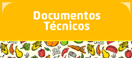 O botão tem o fundo na cor amarela, com Documentos Técnicos escrito na cor branca. Na parte debaixo, o desenho de vários alimentos como milho, cenoura e melancia.