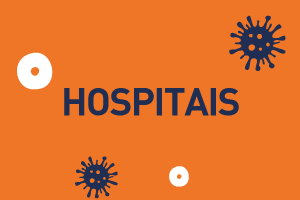 Arte possui fundo laranja com texto centralizado na cor azul que diz:  hospitais