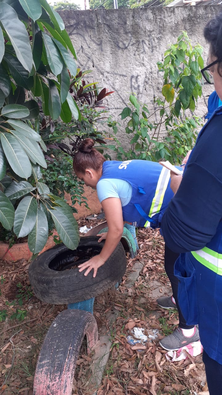 Foto mostra um quintal cheio de plantas, onde uma agente de saúde vira um pneu no interior do qual se vê a presença de água