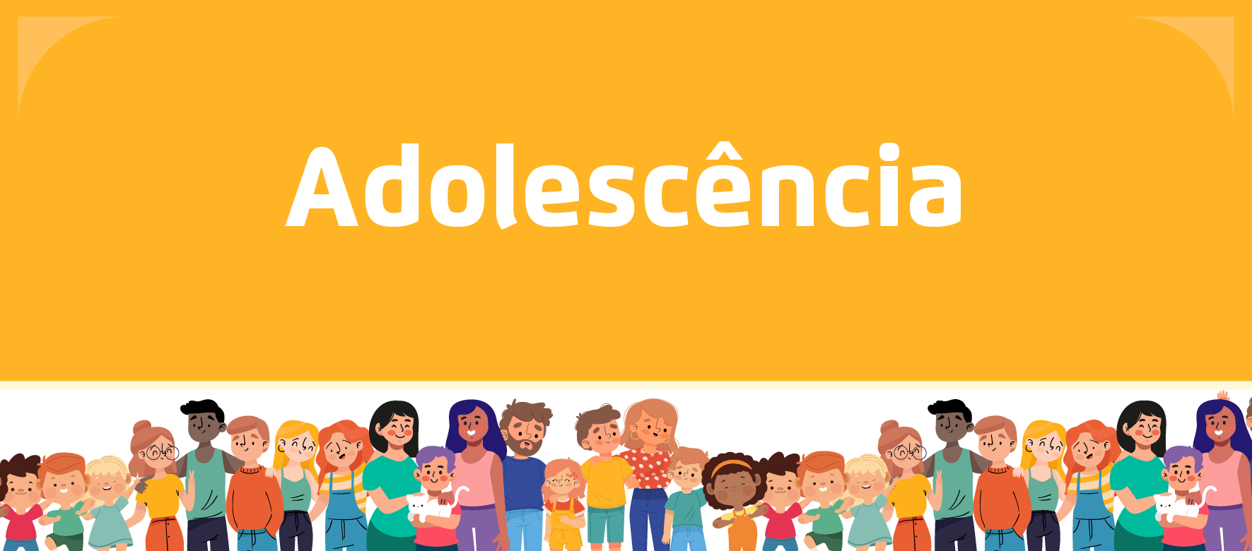 A arte apresenta ilustrações de famílias na parte inferior, e em cima o título "Adolecência" em branco com um fundo amarelo