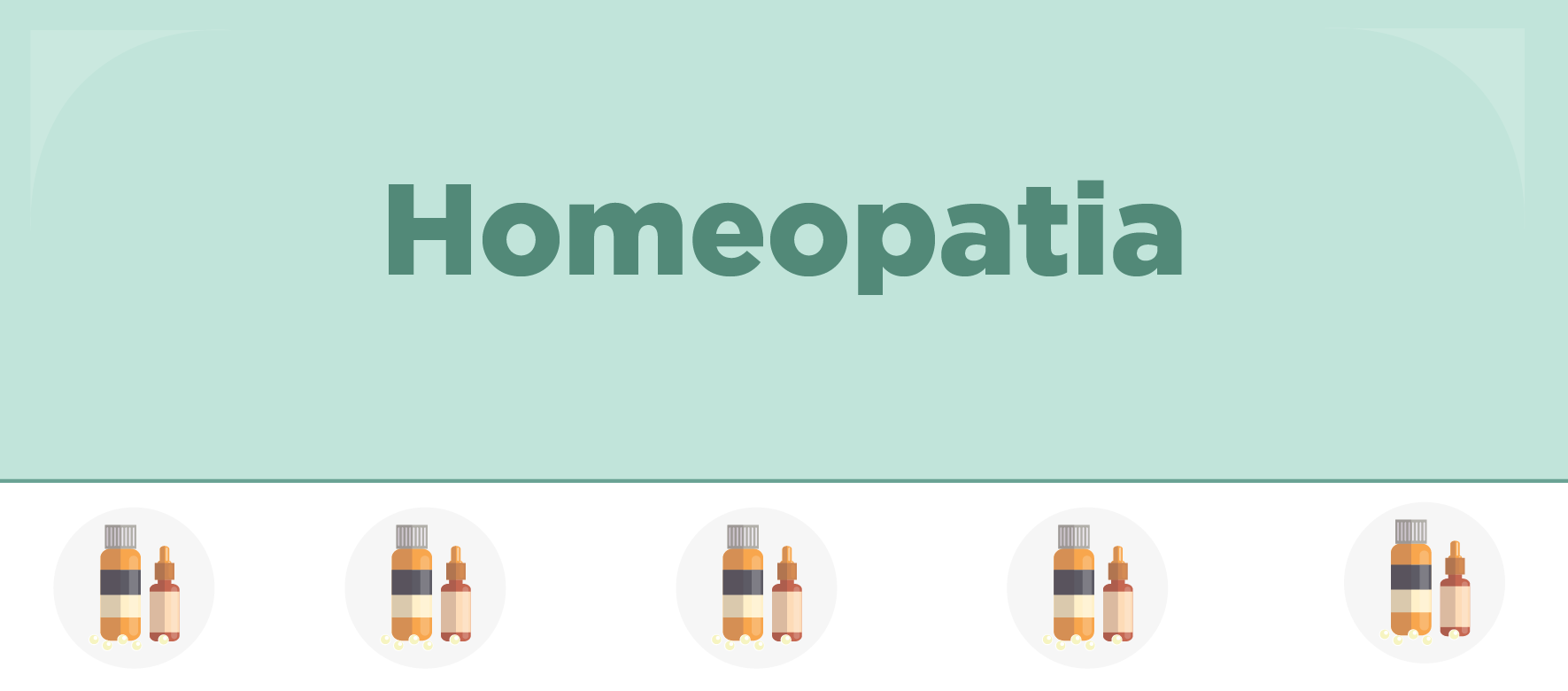 A arte apresenta um texto na parte de cima , com um fundo verde, que diz "Homeopatia" e na parte debaixo, ilustrações de pequenas garrafas.