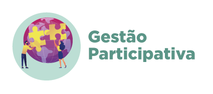 No canto esquerdo da arte tem a ilustração de duas pessoas montando o globo terrestre com peças de quebra-cabeça, dentro de um círculo verde claro. À direita, em letras verde claro, o texto diz: Gestão Participativa