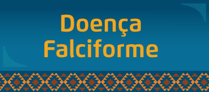 Arte possui fundo azul e detalhe étnico no rodapé. No centro, em letras amarelas, está escrito Doença Falciforme