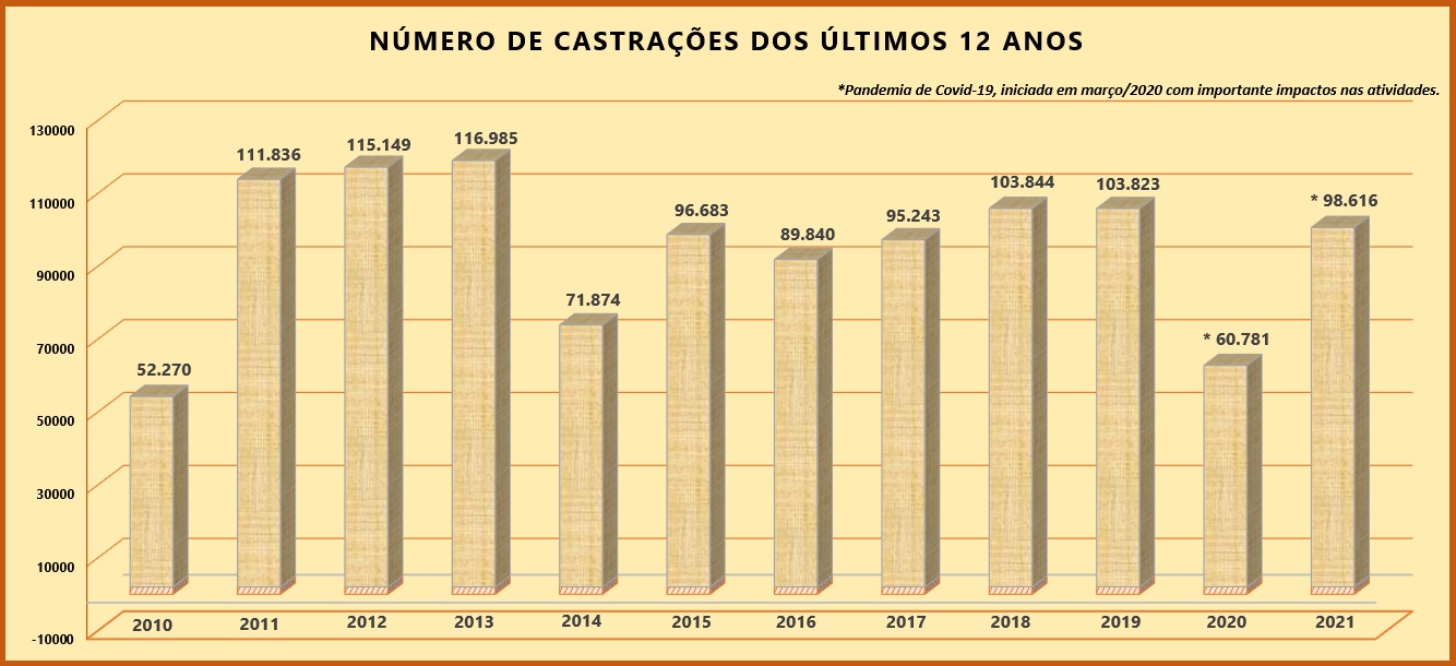 #PraCegoVer: Gráfico  com o número de castrações realizadas no município nos últimos onze anos: 2010 (52.270), 2011 (111.836), 2012 (115.149), 2013 (116.985), 2014 (71.874), 2015 (96.683), 2016 (89.840), 2017 (95.243), 2018 (103.844), 2019 (103.823), 2020 (60.781) e 2021 (98.616).