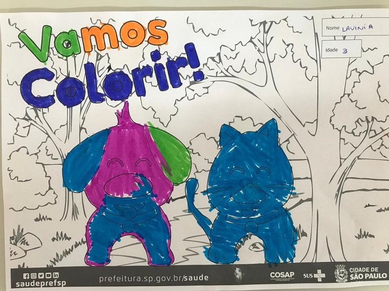 #PraCegoVer: trata-se da ilustração de um cão e um gato lado a lado, sendo que do lado direito há uma árvore e no lado superior esquerdo está escrito: vamos colorir! O desenho estava em branco e agora está colorido por uma criança.
