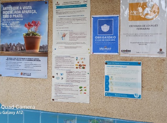 A foto mostra um mural com vários cartazes, incluindo um material sobre dengue