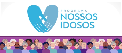 Arte possui fundo branco. Centralizado em azul, o logo do Programa Nossos Idosos. No rodapé, faixa ilustrada com ícones de idosos de várias raças.