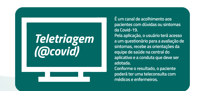  arte de fundo verde, do lado direito texto: Teletriagem @covid. Equivalente textual: É um canal de acolhimento aos pacientes com dúvidas ou sintomas da covid-19. Pela aplicação, o usuário terá acesso a um questionário para a avaliação de sintomas, recebe as orientações da equipe de saúde na central do aplicativo e a conduta que deve ser adotada. Conforme o resultado, o paciente poderá ter uma teleconsulta com médicos e enfermeiros.