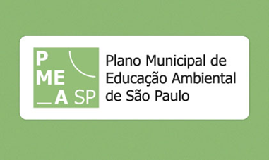 A arte possui um fundo verde com uma caixa com linhas brancas no meio e a mensagem "PMEA SP Plano municipal de educação ambiental de São Paulo"