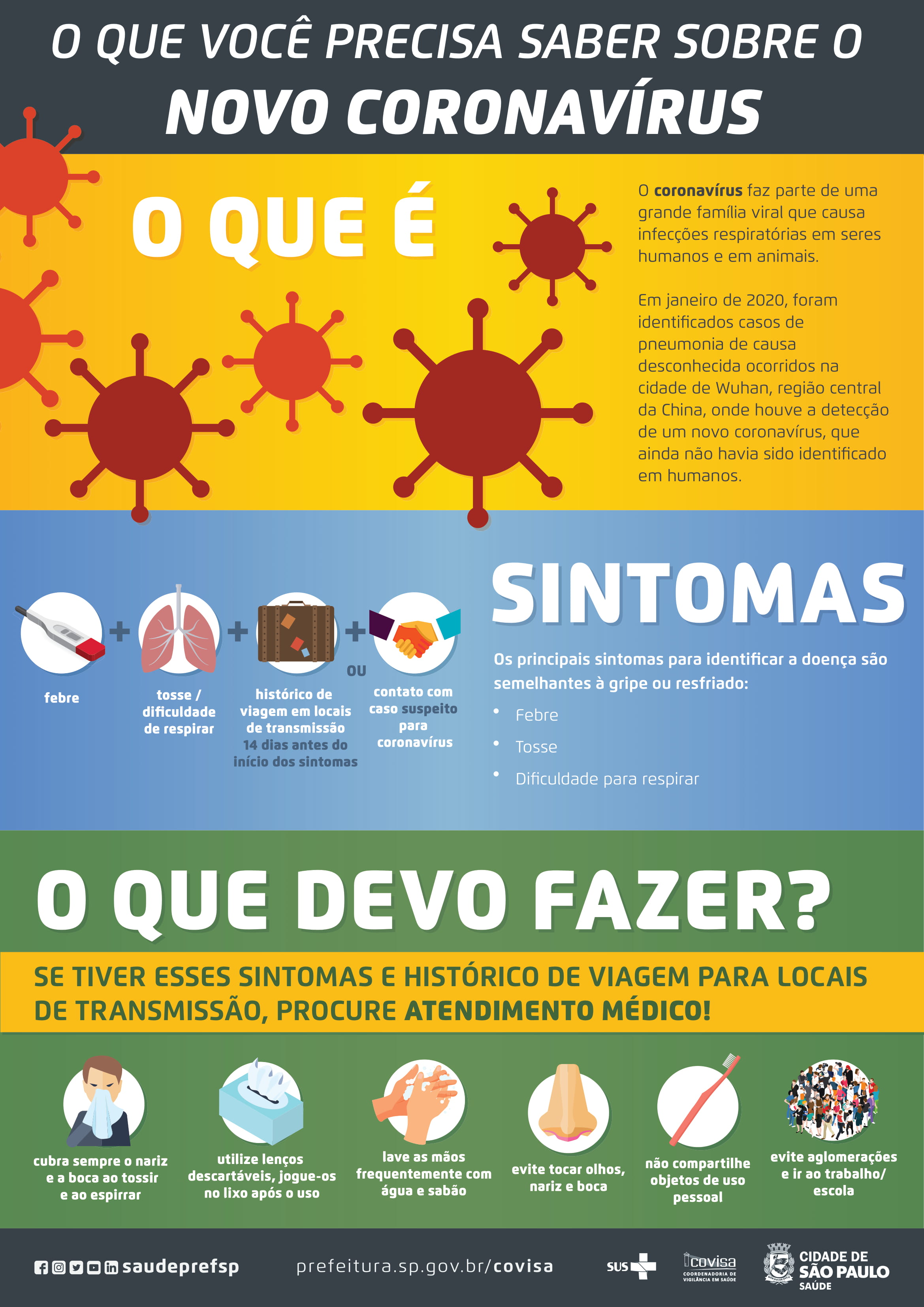 #PraCegoVer  O que você precisa saber sobre o Novo Coronavírus  O que é  O coronavírus faz parte de uma grande família viral que causa Infecções respiratórias em seres humanos e em animais.  Em janeiro de 2020, foram identificados casos de pneumonia de cusa desconhecida ocorridos na cidade de Wuhan, região central da China, onde houve a detecção de um novo coronavírus, que ainda não havia sido identificado em humanos.  Sintomas Os principais sintomas para identificar a doença são semelhantes à gripe ou resfriado: *Febre *Tosse *Dificuldade para respirar  O que devo fazer? Se tiver esses sintomas e histórico de viagem para locais de transmissão, Procure ATENDIMENTO MÉDICO!  Cubra sempre o nariz e a boca ao tossir e ao espirrar;  Utilize lenços descartáveis, jogue-os no lixo após o uso;  Lave as mãos frequentemente com água e sabão;  Evite tocar olhos, nariz e boca;  Não compartilhe objetos de uso pessoal;  Evite aglomerações e ir ao trabalho/escola.