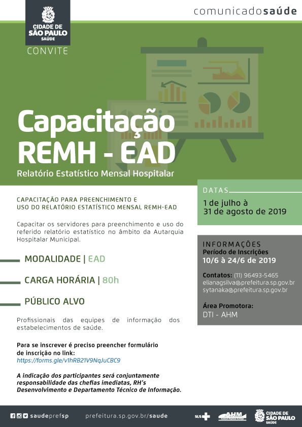 #PraCegoVer Cartaz para o curso de Capacitação para preenchimento e uso do relatório Estatístico Mensal modalidade EAD. Carga Horária 80 horas. Público alvo: profissionais das equipes de informação dos estabelecimentos de saúde. Para se inscrever é preciso preencher formulário de inscrição no link: https://forms.gle/v1hRB21V9NqJuCBC9 Período de inscrições de 10 de junho a 24 de junho de 2019. Período do curso de 1 de julho a 31 de agosto de 2019