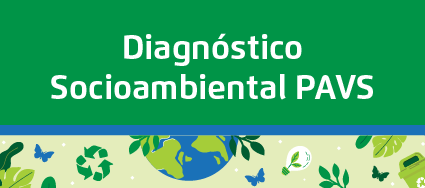 Arte possui fundo verde. Centralizado, o texto: Diagnóstico socioambiental PAVS. No rodapé, faixa ilustrada com elementos que remetem à sustentabilidade, como símbolo da reciclagem, planeta, folhas e borboletas.