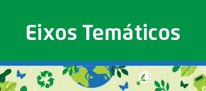 Arte possui fundo verde. Centralizado, o texto: Eixos temáticos. No rodapé, faixa ilustrada com elementos que remetem à sustentabilidade, como símbolo da reciclagem, planeta, folhas e borboletas.